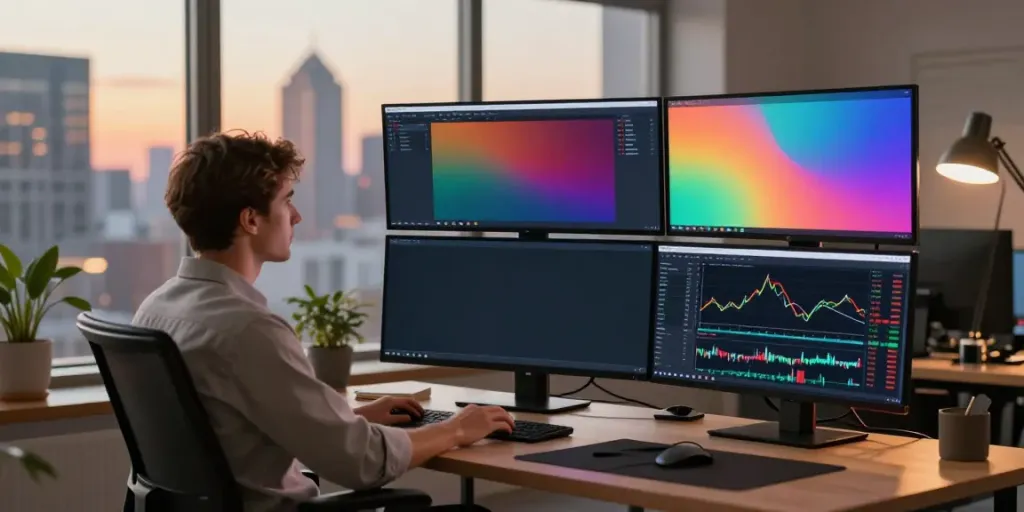 TradingView interface being analyzed by a trader in a modern workspace with multiple screens.