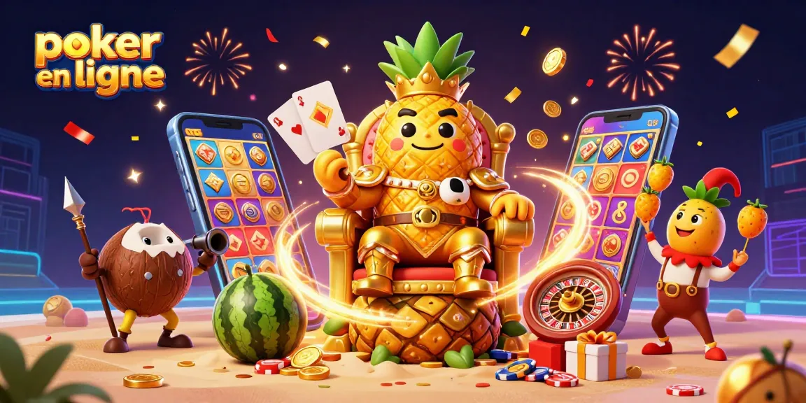 Jouez au poker en ligne avec le roi ananas et un spectacle coloré de jetons et de cartes.