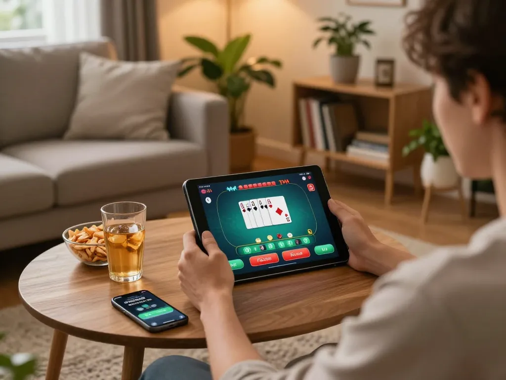 Pajaktoto togel app displayed on a tablet during an online gambling session in a cozy home setting.