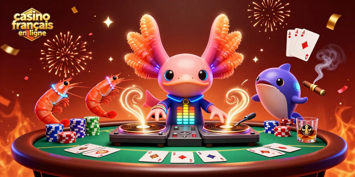 Illustration animée en 3D de DJ axolotl vibrant dans un casino francais en ligne, entouré de joueurs et de jetons.