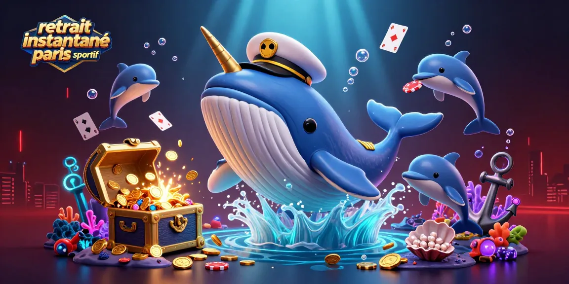 Visuel dynamique illustrant le retrait instantané paris sportif avec une scène de paris animée regroupant des personnages marins captivants.