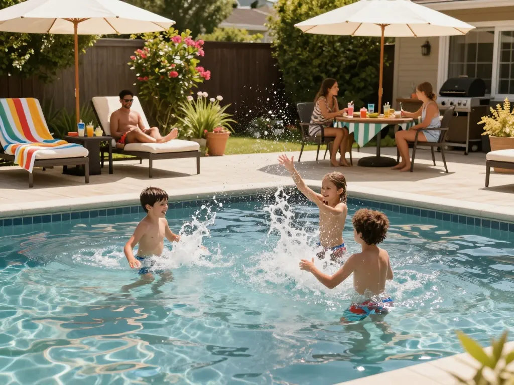 Dolphin Pool Services enhancing family enjoyment with a bright backyard pool scene, showcasing a fun summer day.