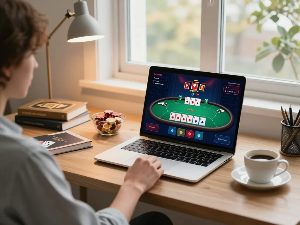 Engaging in online casinos Canada poker game on a laptop at home with strategy notes.