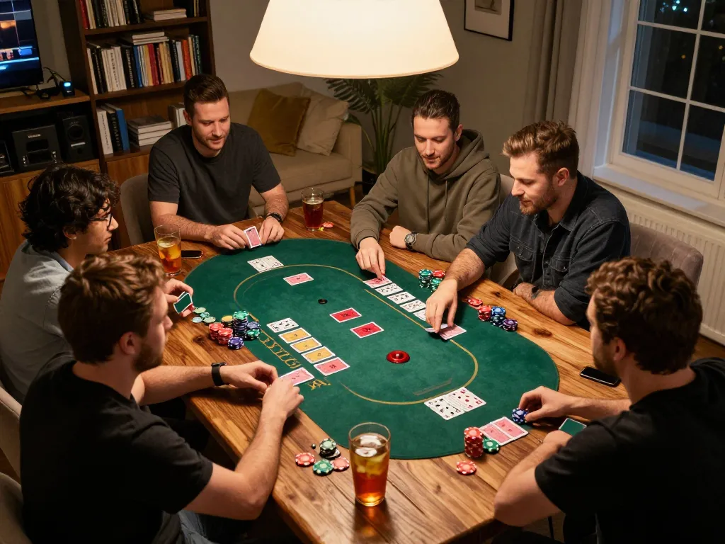 Players enjoy a lively blackjack game at home, showcasing the strategic aspect of LC99 gambling.