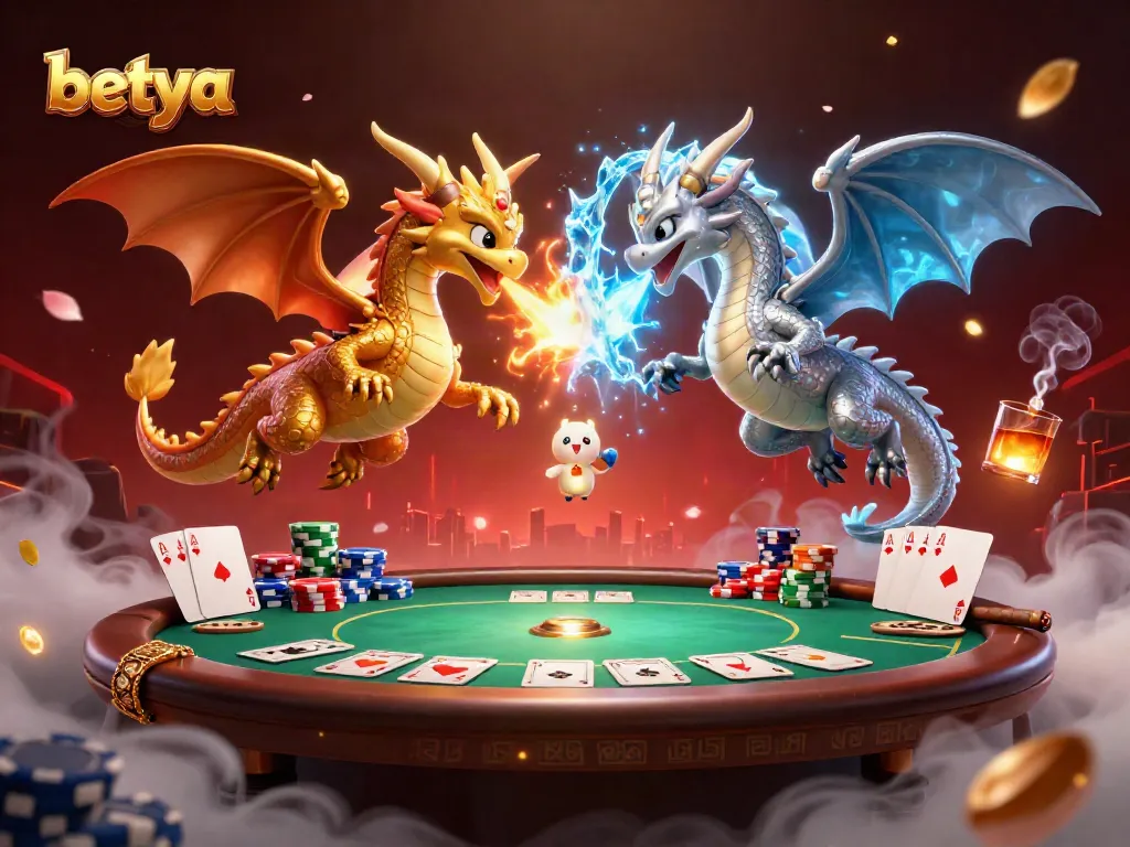 Experience the dynamic energy of betya's gaming world with gold and silver dragons amidst a rich poker setting.