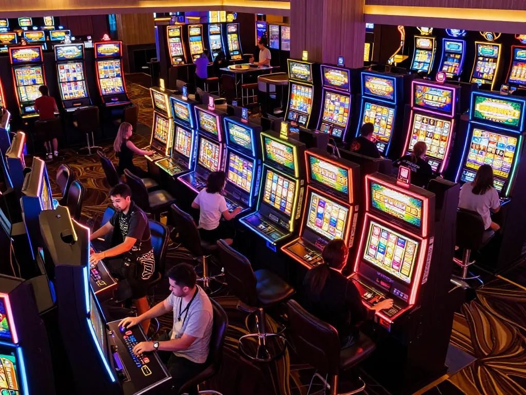 Players engaging with link slot machines in a lively casino atmosphere, showcasing excitement and action