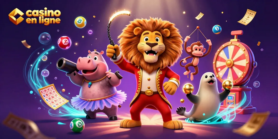 Plongez dans l'univers du casino en ligne avec une illustration dynamique et colorée, représentant un lion maître de cérémonie et plus.