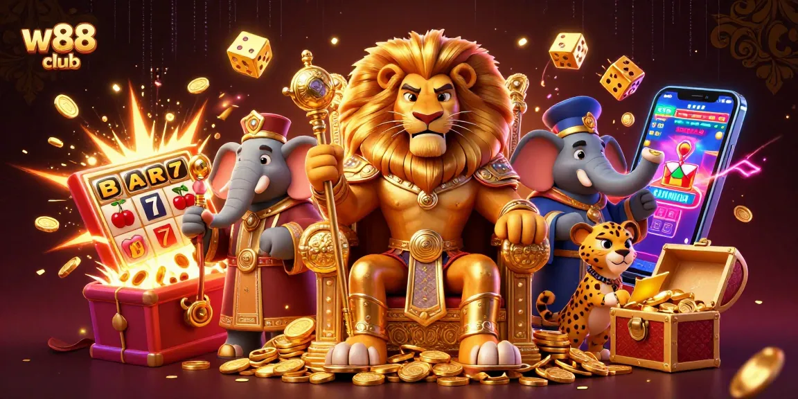 Cá cược tại w88 club với một con sư tử hùng mạnh ngồi trên ngai vàng và các trò chơi đa dạng xung quanh.