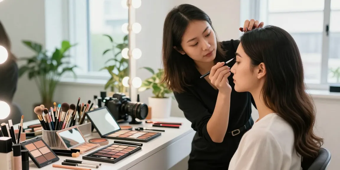 Professional makeup artist applying brow pen for perfect eyebrow definition in a beauty studio.