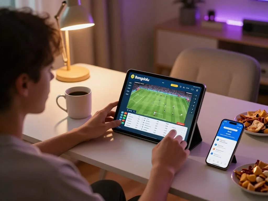 Bongdalu user engaged in online sports betting on a tablet in a cozy home environment.