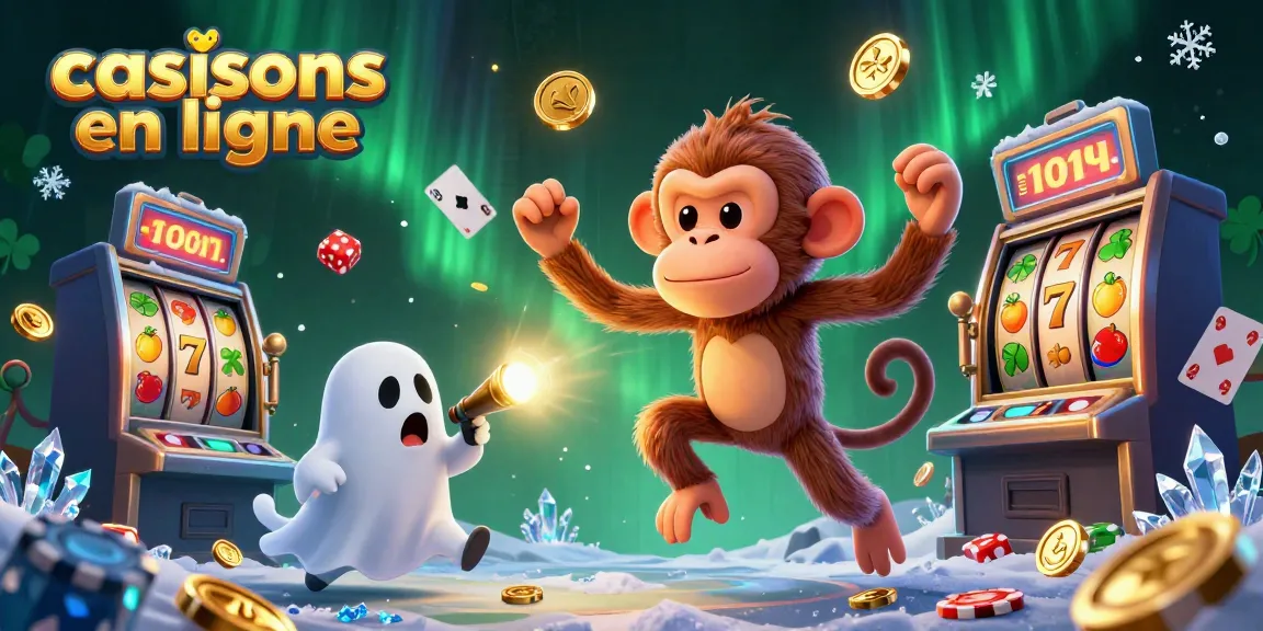Attrapez l'excitation des casinos en ligne avec un singe poltergeist jonglant des pièces et des cartes dans une scène dynamique inspirée des jeux.