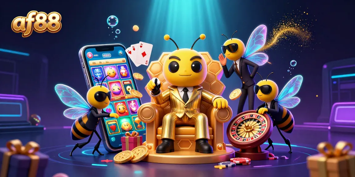 Spin the exciting reels at af88 with a bumblebee mob boss illustration in a vibrant casino scene.