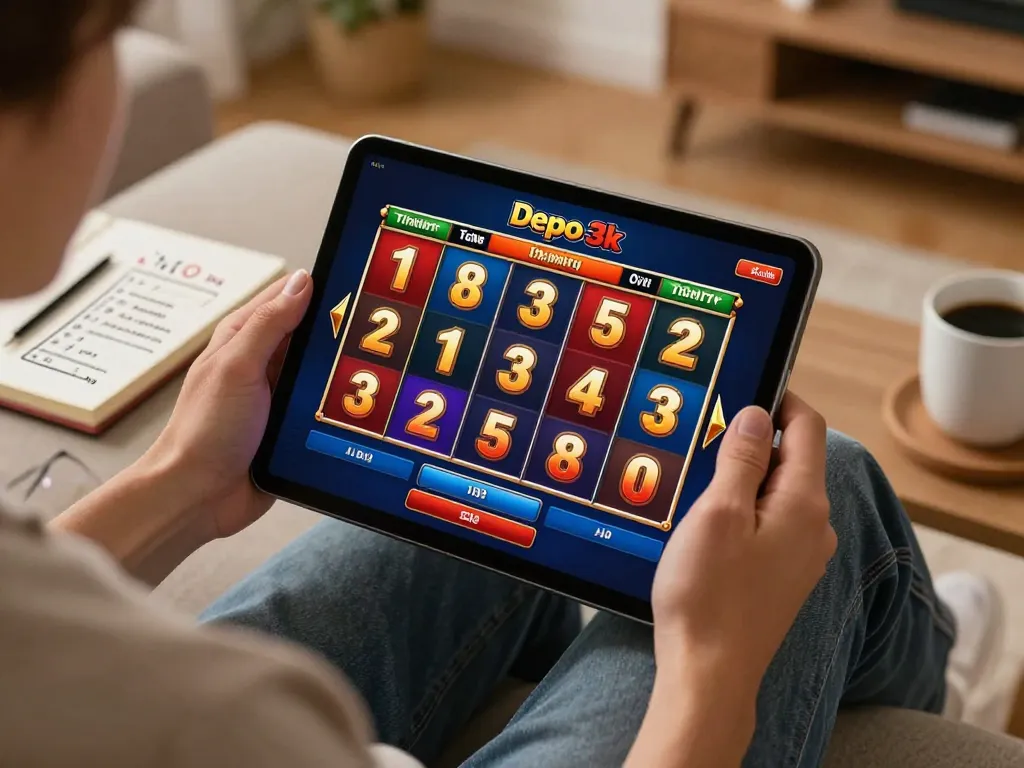 Engaging with slot depo 3k game on tablet in cozy home setting, highlighting strategic betting approach.