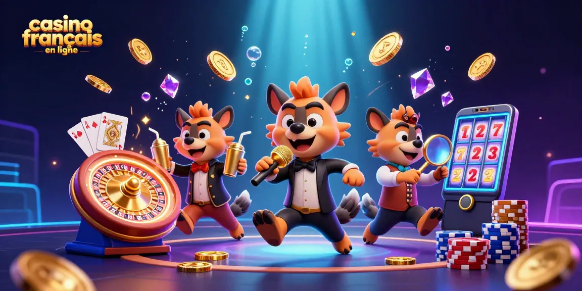Animation dynamique de casino français en ligne avec hyènes comiques et jeux d'argent en action.