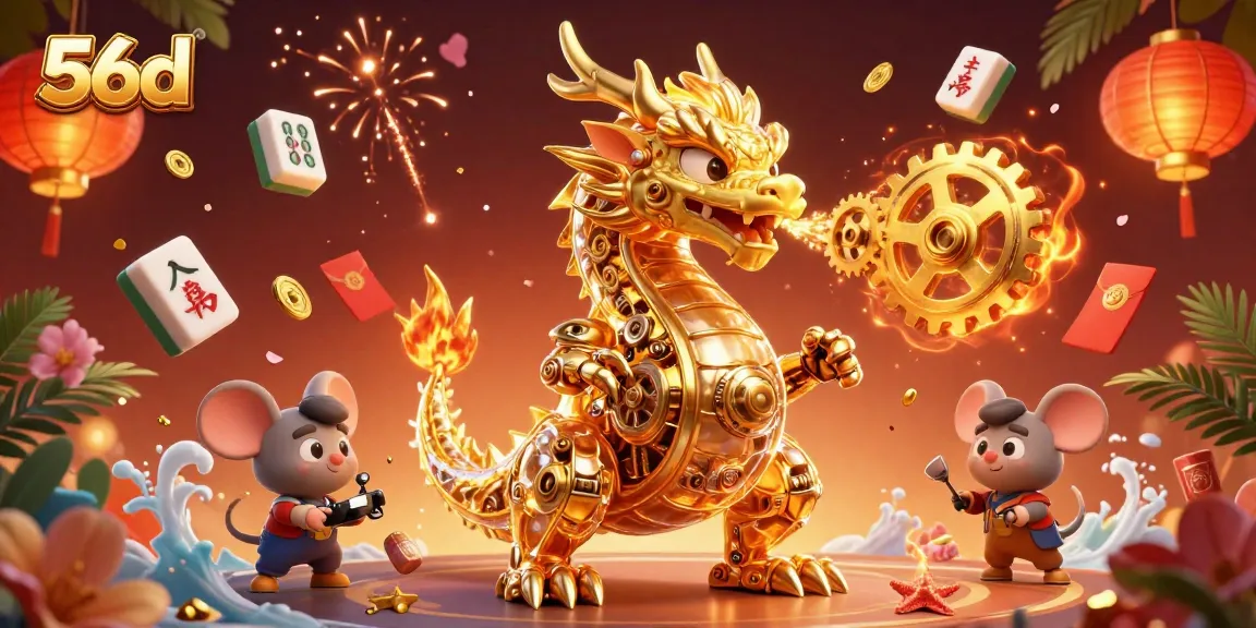 Experience gaming excitement at 56d with a dynamic scene showcasing a golden dragon and festive casino elements.