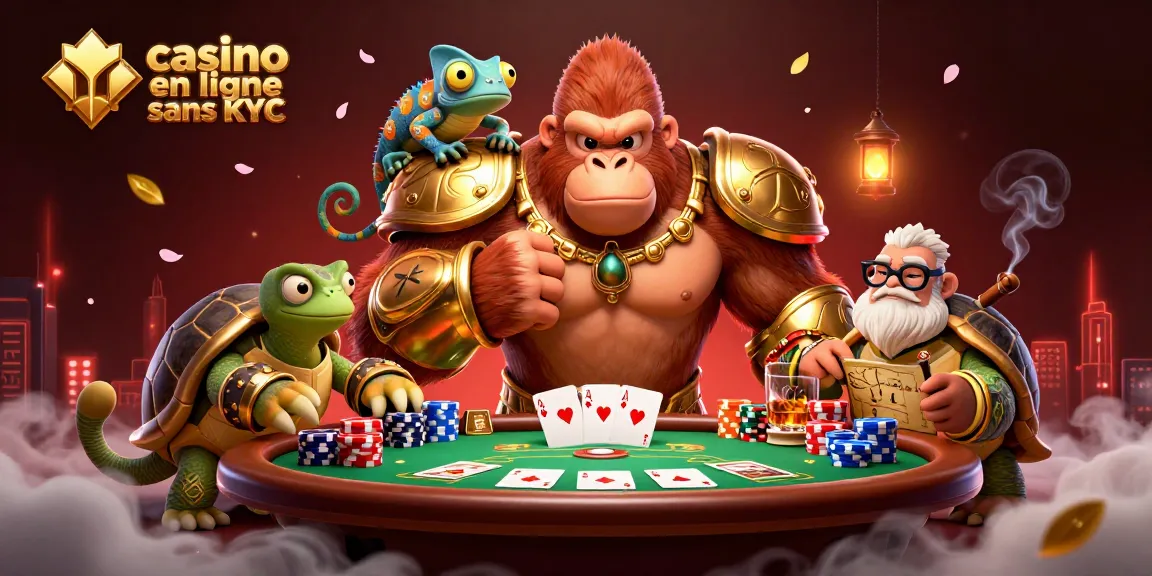 Illustration dynamique d'un casino en ligne sans KYC avec un gorille puissant et des éléments de poker.
