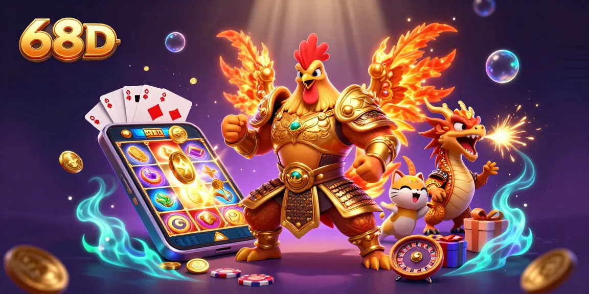 Experience thrilling gameplay with 68D in a dynamic 3D illustration showcasing colorful slot games, coins, and characters.