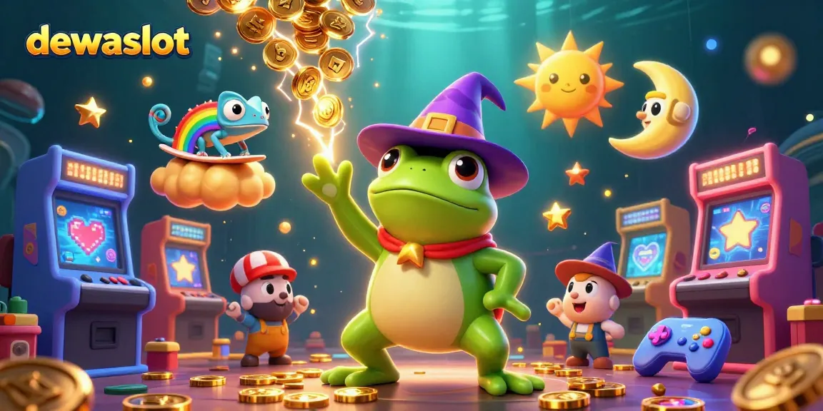 Menangkan jackpot dengan Dewa Slot, ilustrasi penuh warna dikelilingi koin emas dan simbol permainan.