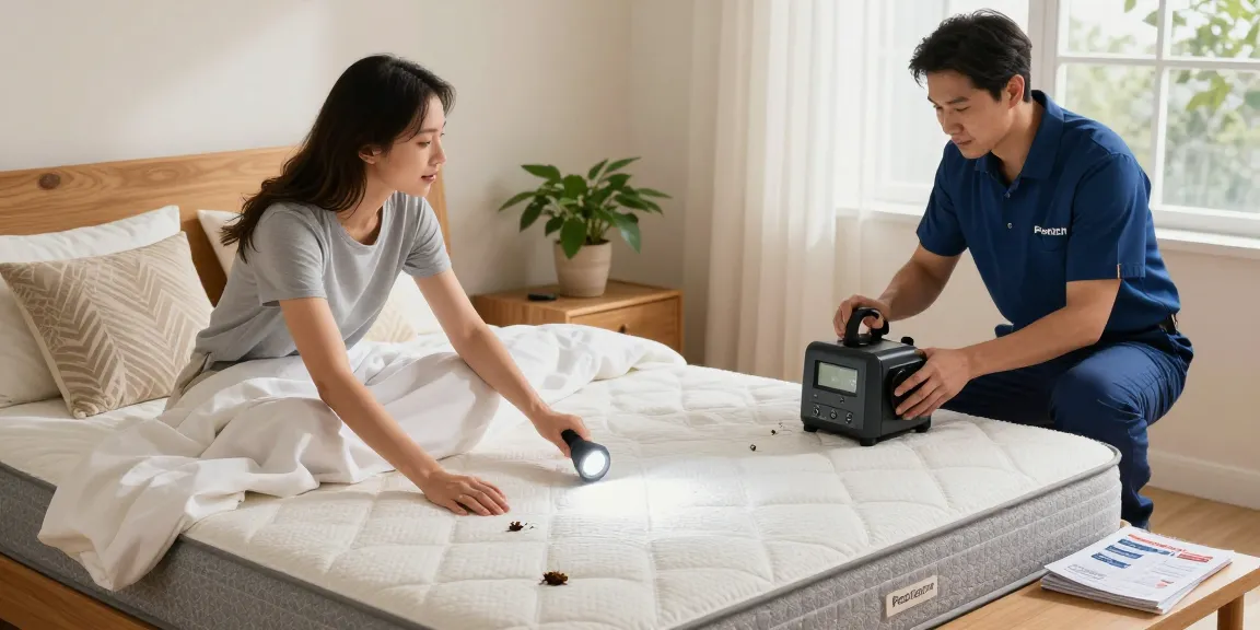 Homeowner consulting with pest control expert on effective bed bug pest control strategies in a cozy bedroom.
