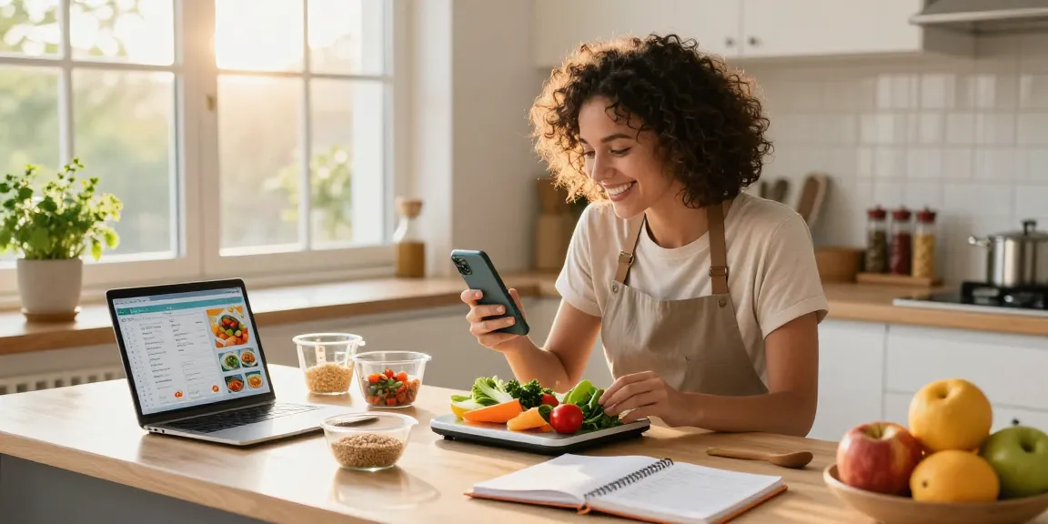 Home cook using the best food tracking app while preparing healthy meals in a sunny kitchen.