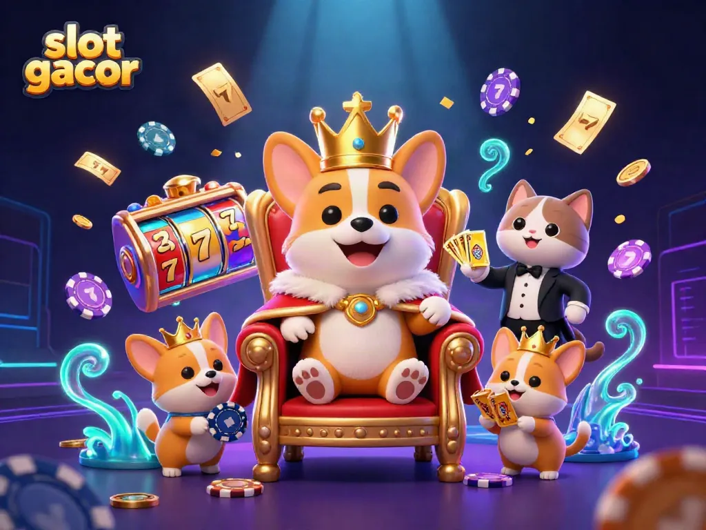 Engage in action with slot gacor amidst vibrant 3D elements, showcasing royal characters and dynamic gaming scenes.