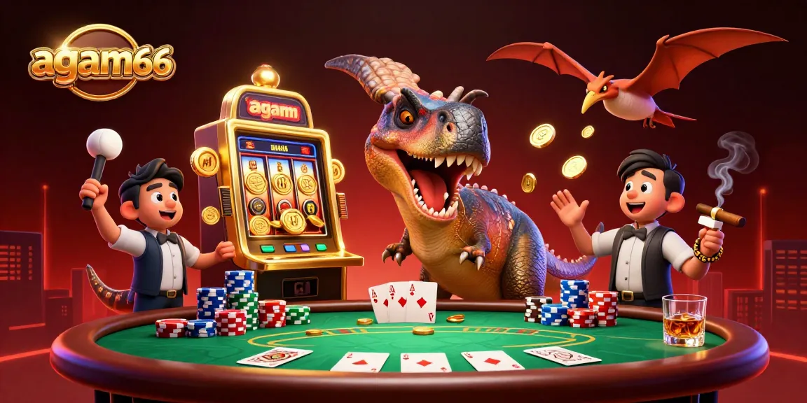 Experience thrilling wins at agam66, where a dinosaur triggers a jackpot on a golden slot machine.