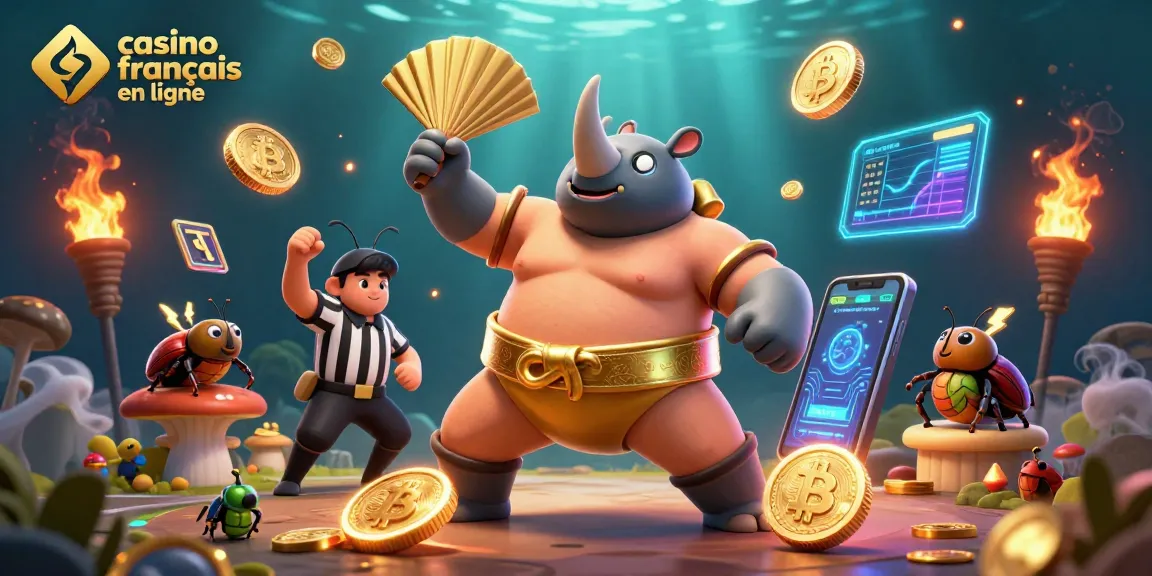 Une scène dynamique de casino francais en ligne avec un rhinocéros sumo, des pièces d'or et des éléments de crypto.