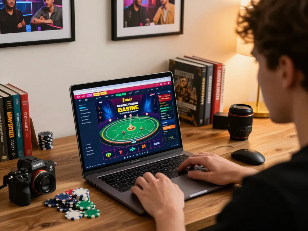 Fabet online gaming scene showcasing player engaged with live dealer game on laptop.