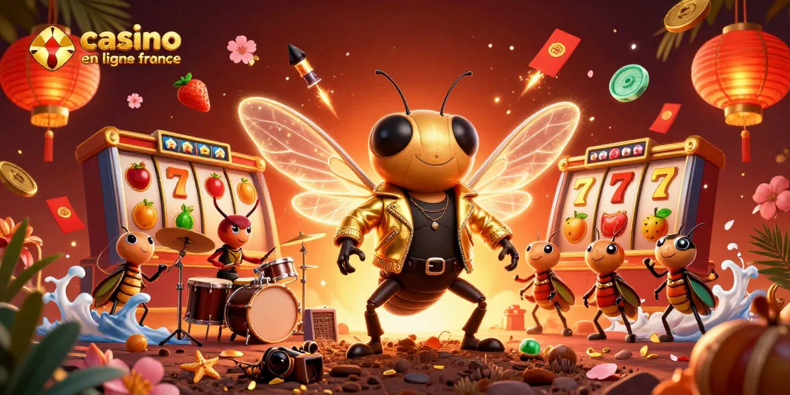 Jouez à casino en ligne France avec une scène animée de rock stars et de symboles de jeux d'argent.