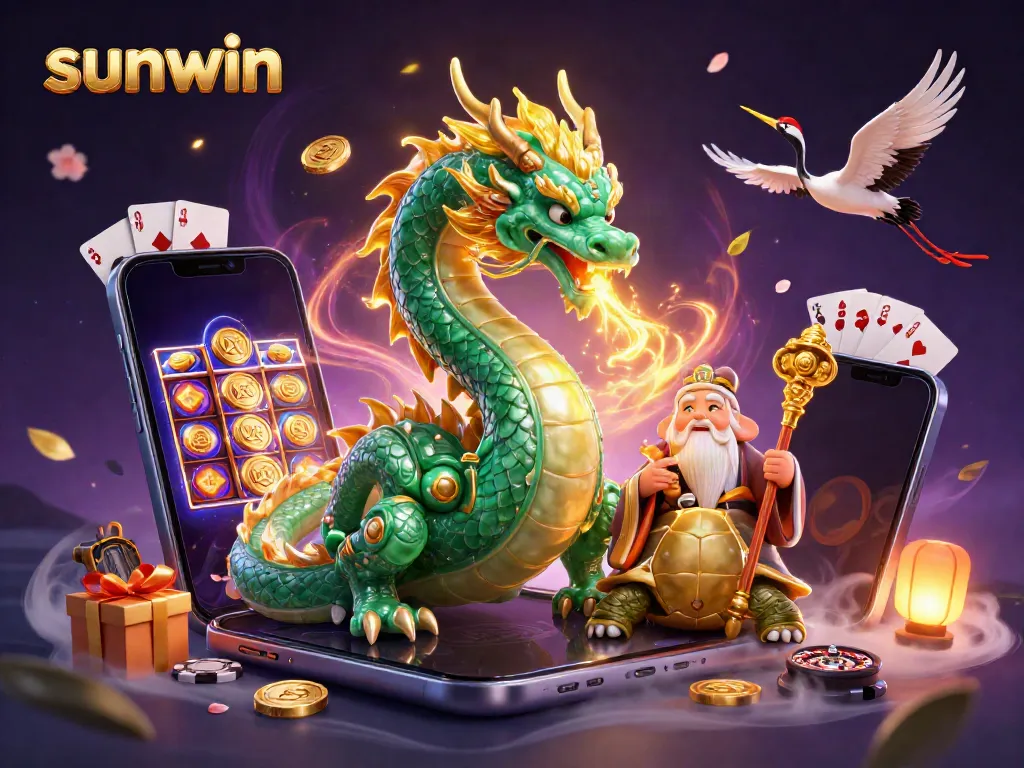 Experience sunwin's thrilling gaming atmosphere featuring a majestic jade dragon and exciting slot action.