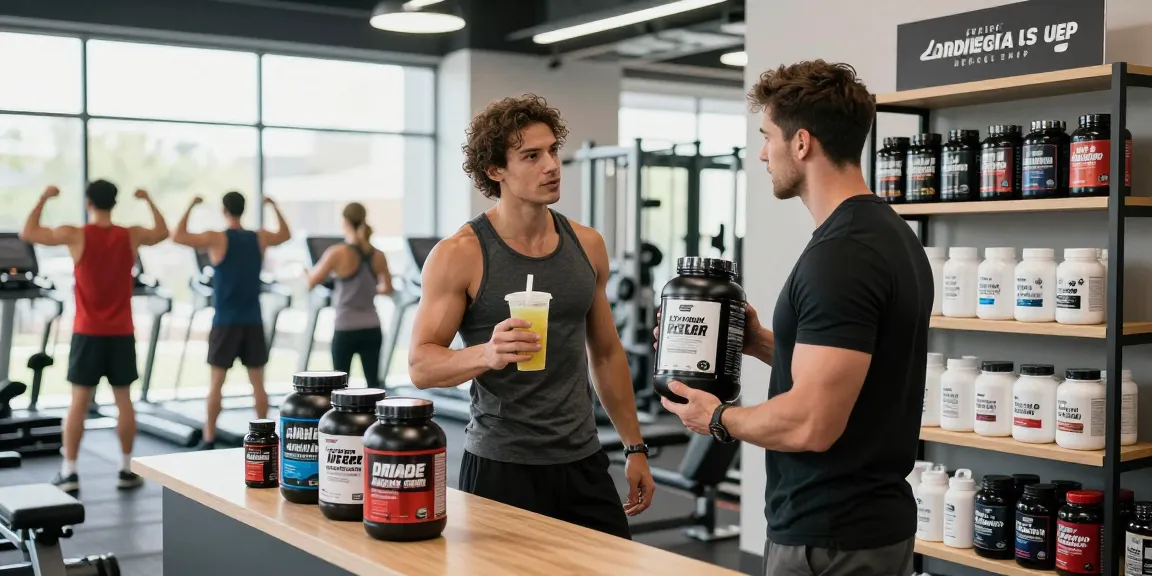 Driada Medical Shop fitness scene showcasing anabolic steroids and health supplements with enthusiasts in a modern gym.