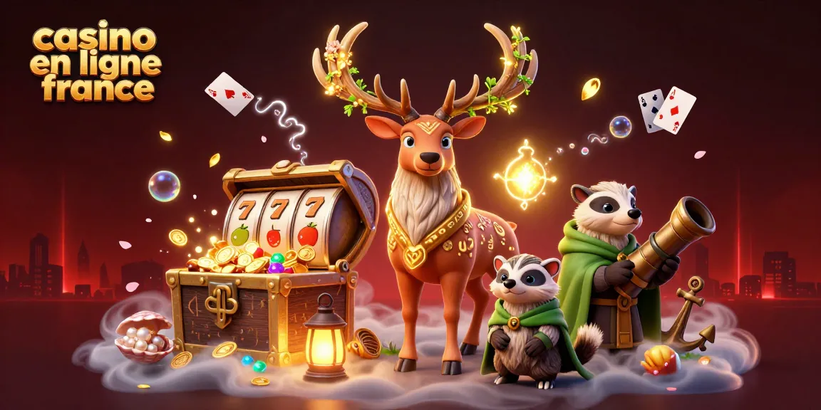 Plongez dans l'univers du casino en ligne France avec des personnages fantastiques entourés de trésors et machines à sous.