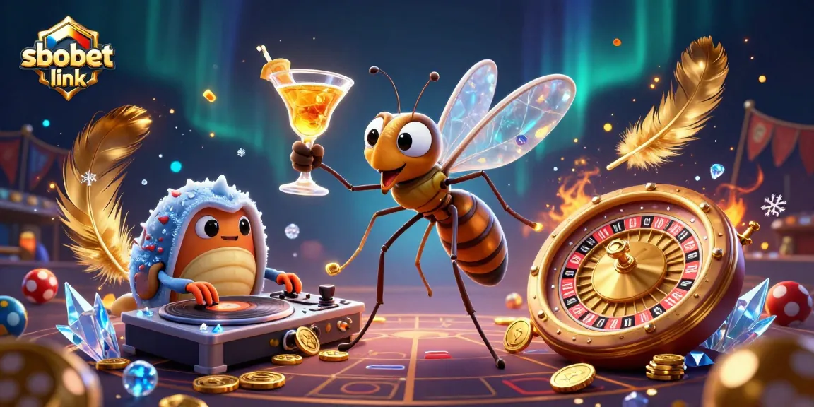 Engage with sbobet link through a vibrant casino illustration featuring a mosquito mascot and rich gaming elements.