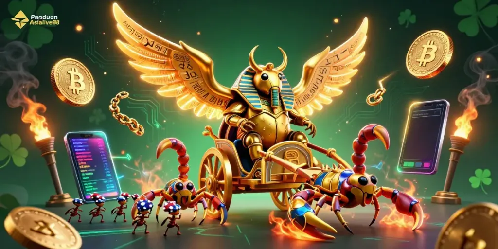 Panduan Asialive88 features a golden scarab chariot driven by jeweled scorpions amidst vibrant crypto elements.