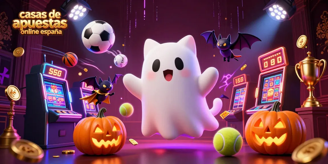 Explora casas de apuestas online España con un gato fantasma en un casino encantado, rodeado de elementos deportivos.