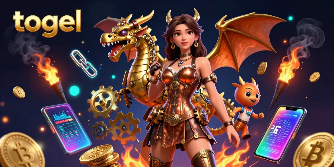 Experience the thrill of togel with bright digital elements and a steampunk theme in this vibrant 3D illustration.