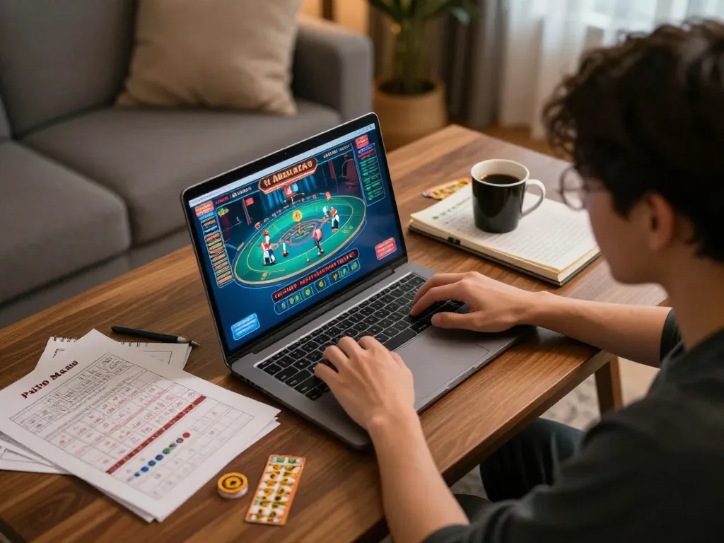 Paito macau gameplay on laptop during a casual home setting, emphasizing strategic betting.