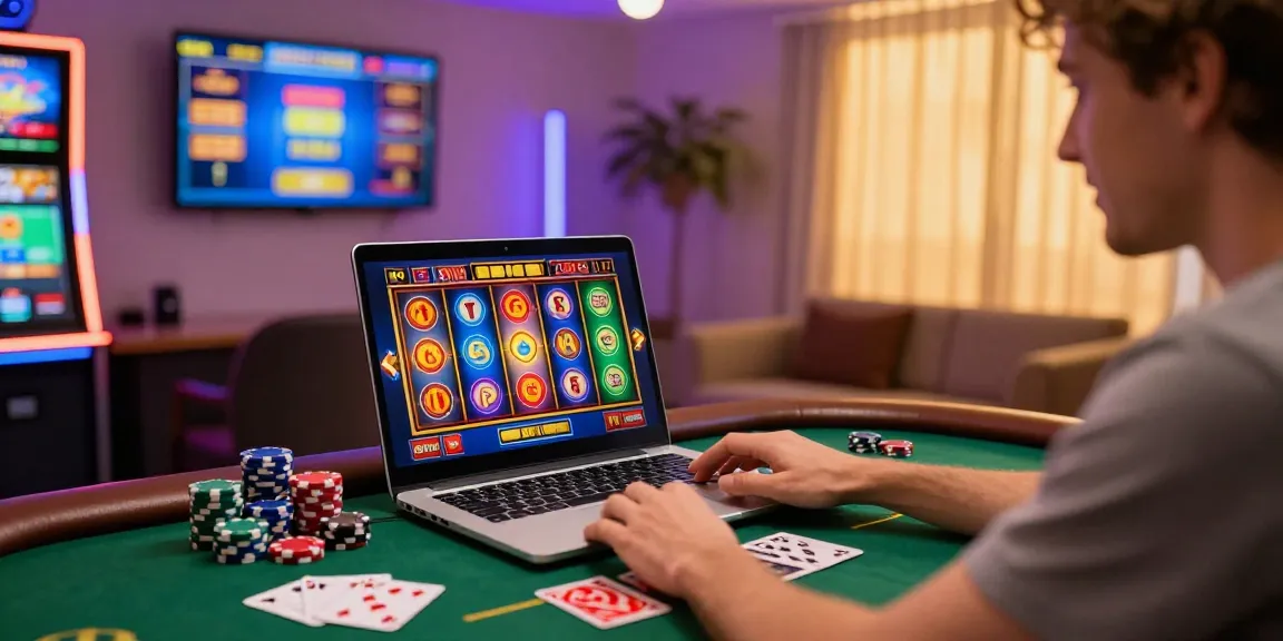 Player enjoying slot deposit 1k games on a laptop in a lively online casino setting.