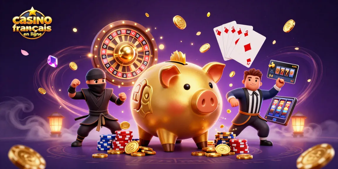 Profitez d'une illustration dynamique casino français en ligne avec un cochon tirelire sumo et des éléments de jeux.
