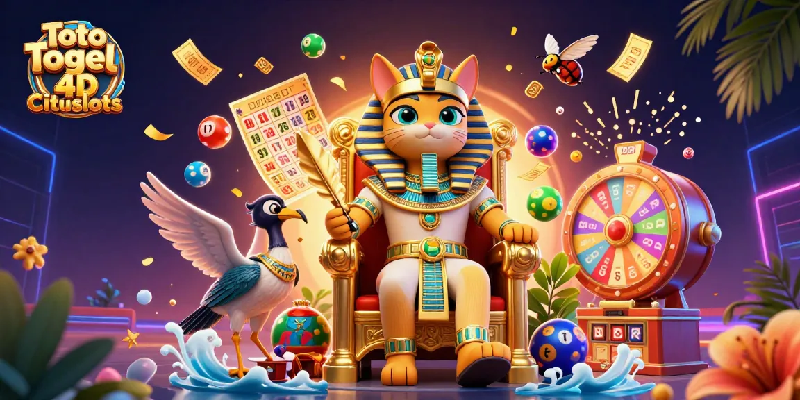 Toto Togel 4D Citislots offers a vibrant 3D illustration of a pharaoh cat with colorful lottery elements.