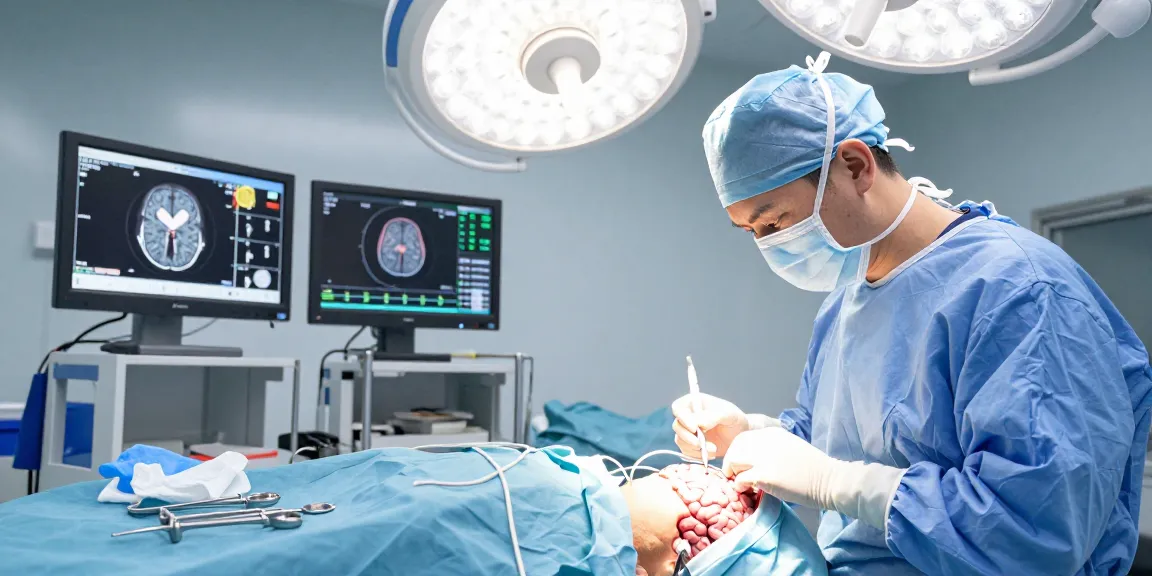 Brain surgery procedure showing a neurosurgeon in action using advanced technology and surgical tools for effective beyin ameliyatı.