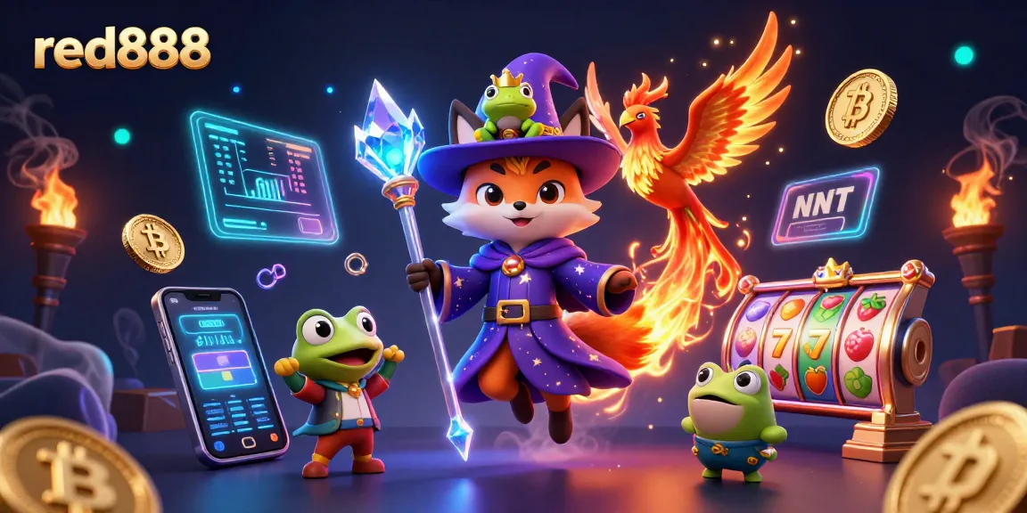 Engage with red888's mystical casino scene featuring a wizard fox, phoenix, and immersive slot elements.