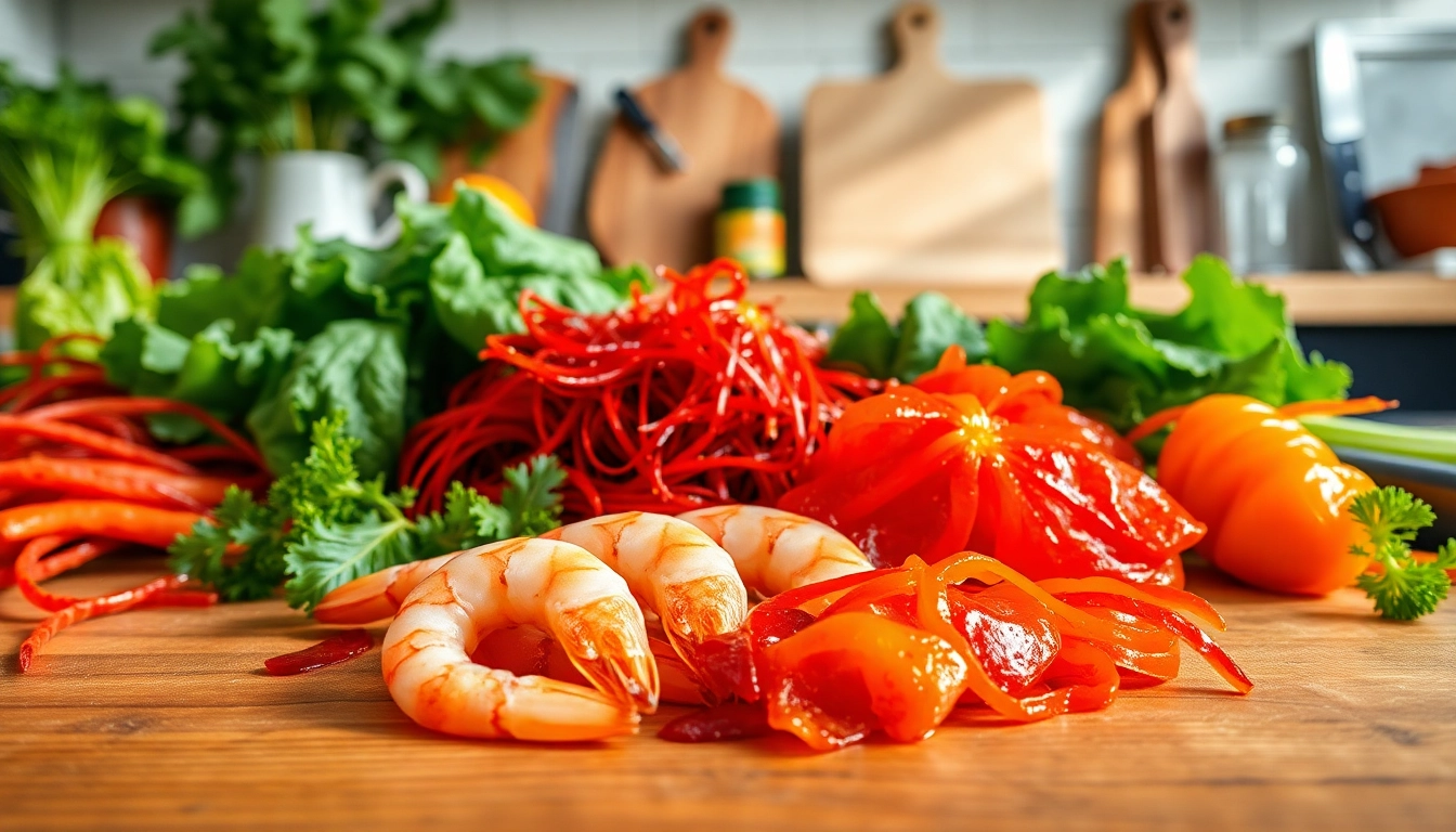 Showcasing astaxanthin antioxidant power through vibrant food arrangement on a table.