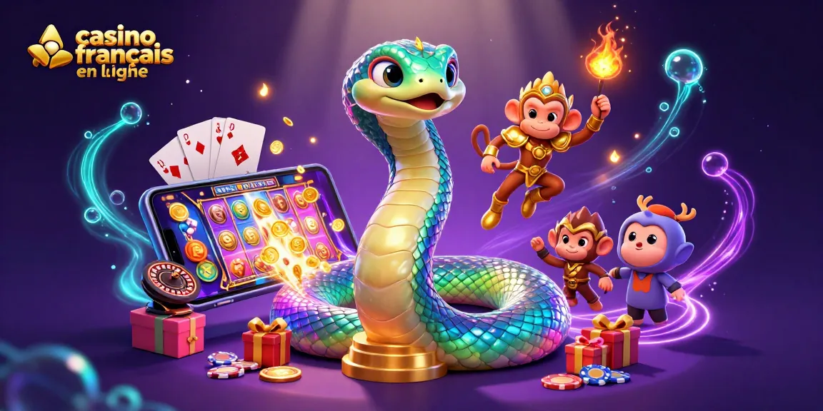 Plongez dans l'univers des casinos français en ligne avec un serpent coloré et un roi singe entourés de jeux.