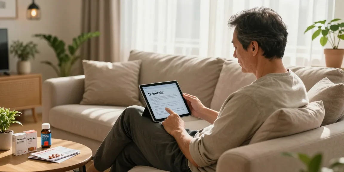 Tadalafil information displayed on tablet in a cozy living room setting, promoting healthy conversations.