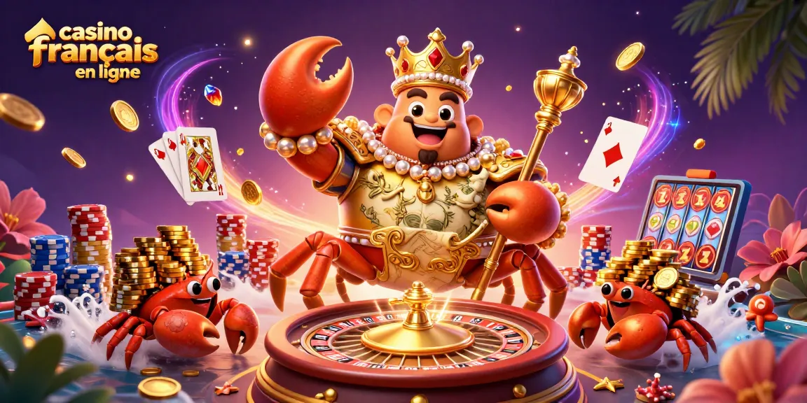 Jouer au casino français en ligne avec des éléments colorés et dynamiques autour d'un crabe empereur.