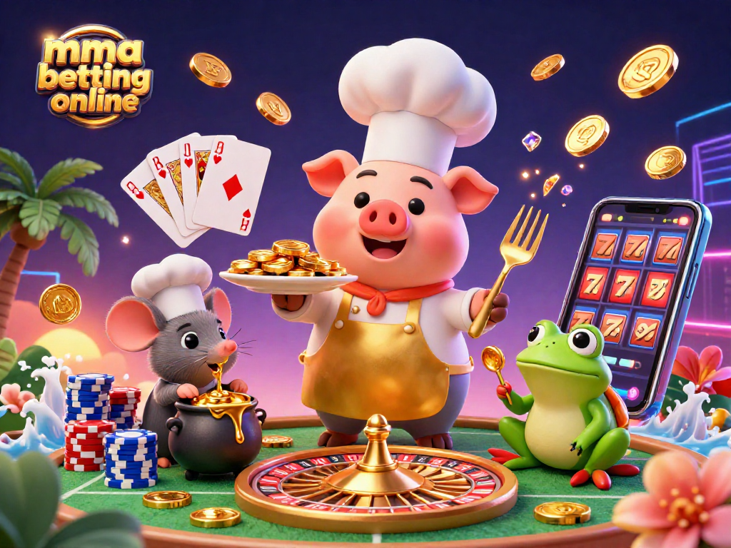 MMA betting online scene featuring a chef pig with gold coins, roulette wheel, and colorful poker chips.