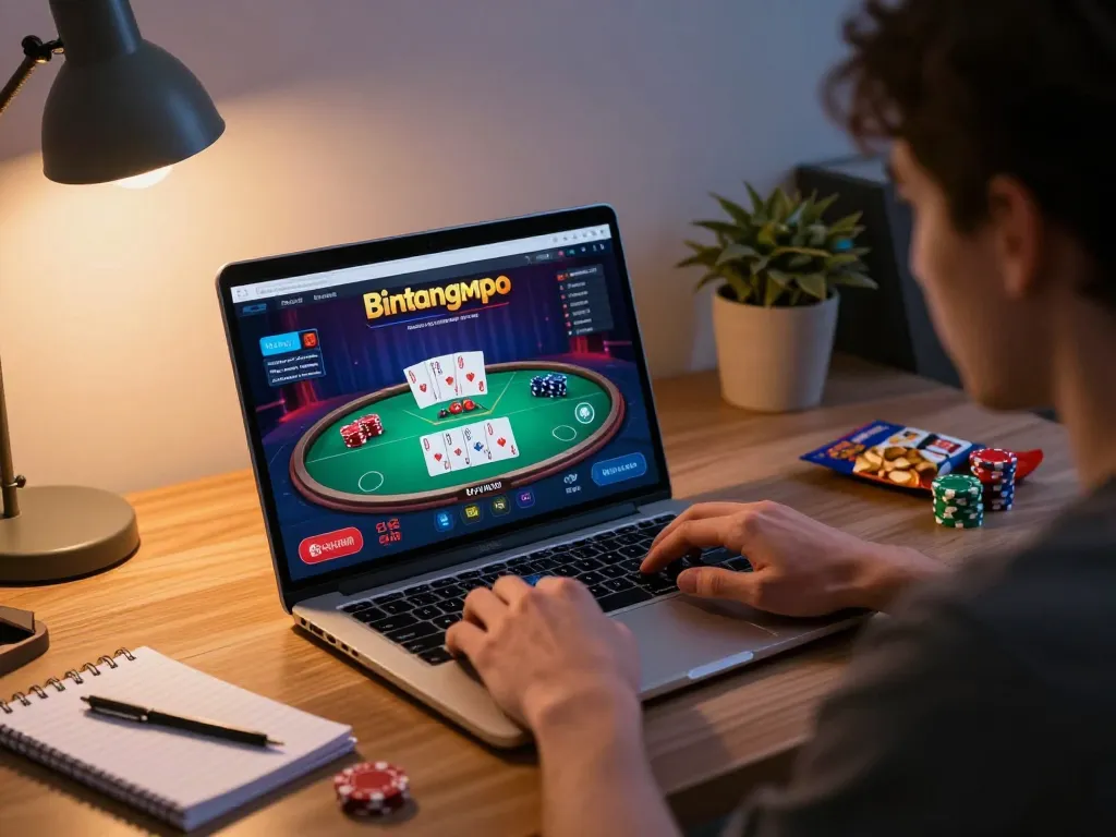 Pemain kasino online Bintangmpo merencanakan strategi di lingkungan rumah yang nyaman dengan antarmuka permainan poker di laptop.