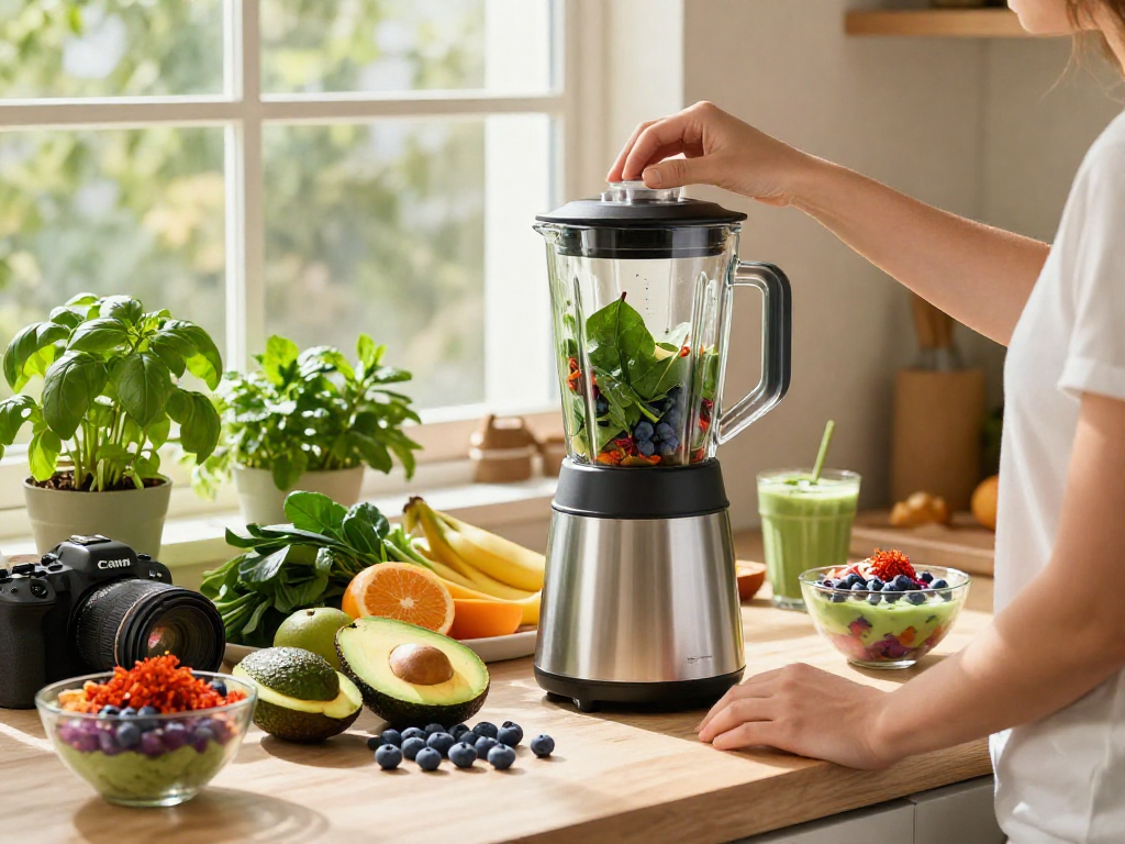 Fresh smoothie preparation with natural astaxanthin ingredients in a sunny kitchen.