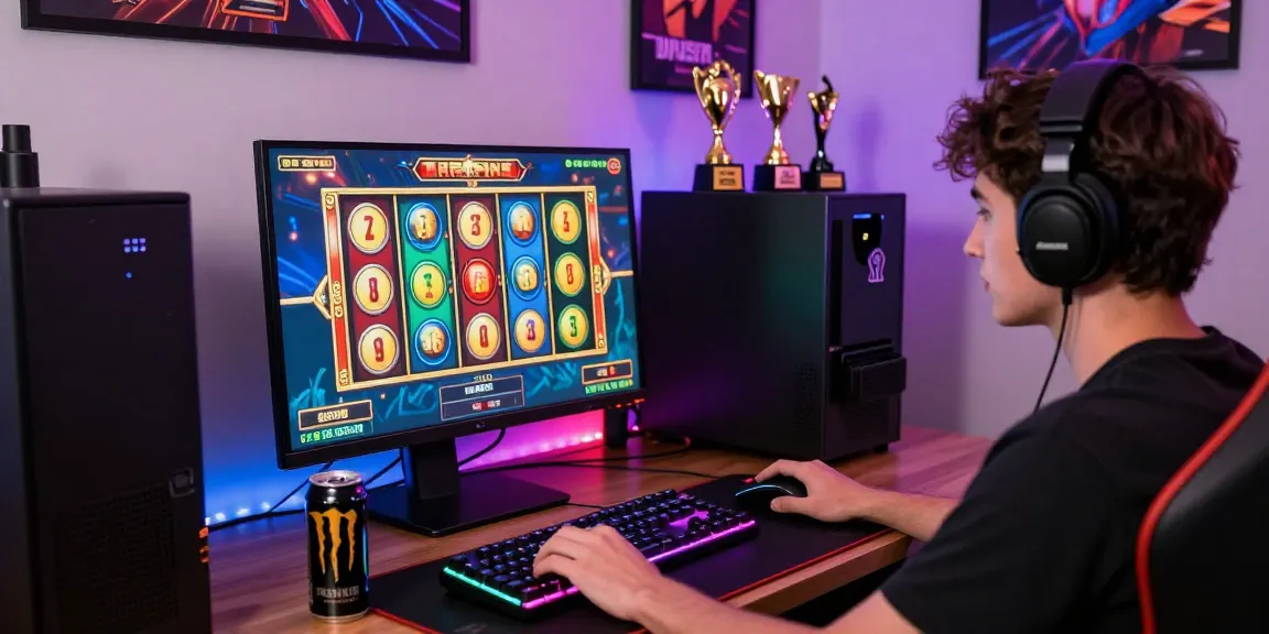 Engaging user playing slot games online in a vibrant gaming setup